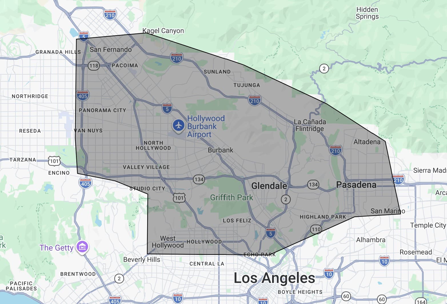 Static map showing Sam's Handyman service coverage around Burbank, Glendale, North Hollywood, Studio City, West Hollywood, and nearby Los Angeles